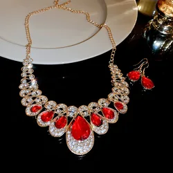 Inlaid Rhinestone Water Drop Earrings  for Women Exaggerated Red Zircon Necklace Luxury Wedding Jewelry Set