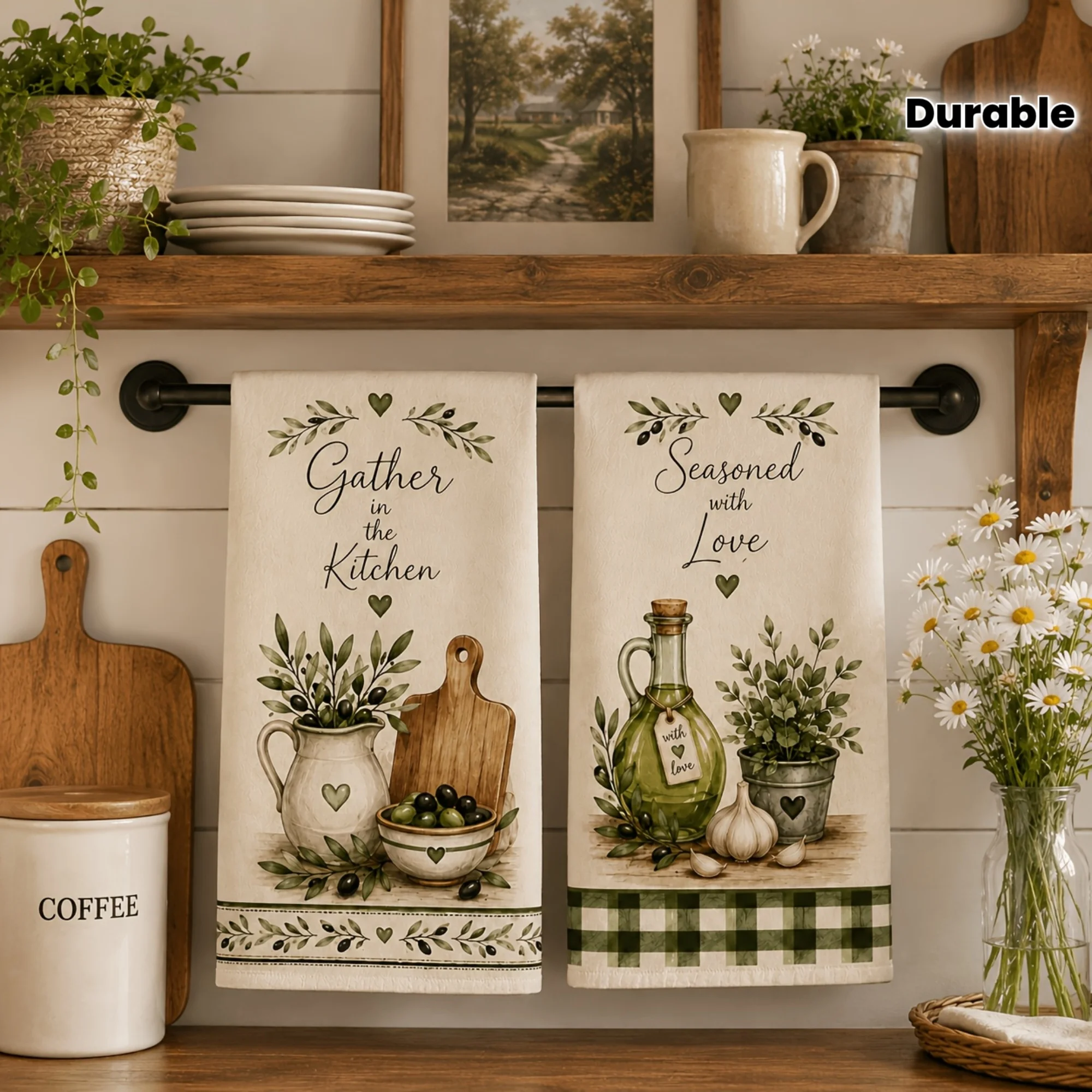 Pack of 2, green, kitchen towel, tea towel, olive themed kitchen towel set