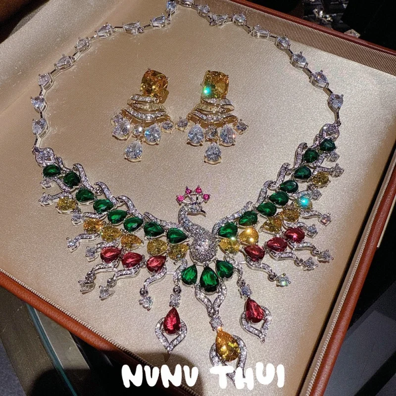 

Jewelry Palace Seven-Color Phoenix Colorful Tassel Gemstone Necklace Custom Banquet Wing Water Drop Earring Set