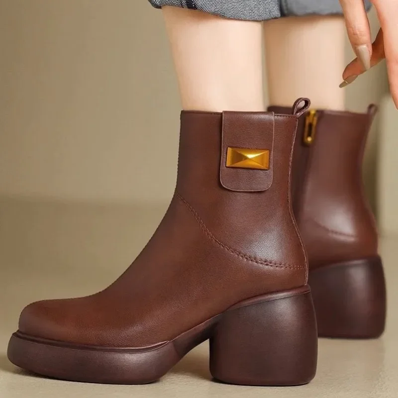 Elegant With Medium Heels Winter 2024 Female Short ShoesLarge Size Warm Women's Ankle Boots Pu Y2k Autumn Footwear Goth Booties