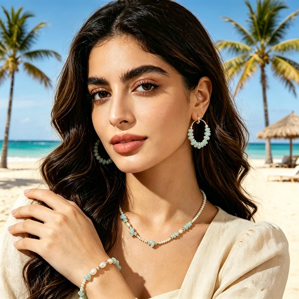 

Fresh Light Crystal Bead Jewelry Set 3Pcs Earrings Necklace Bracelet for Beach Wedding Holiday Party Accessory