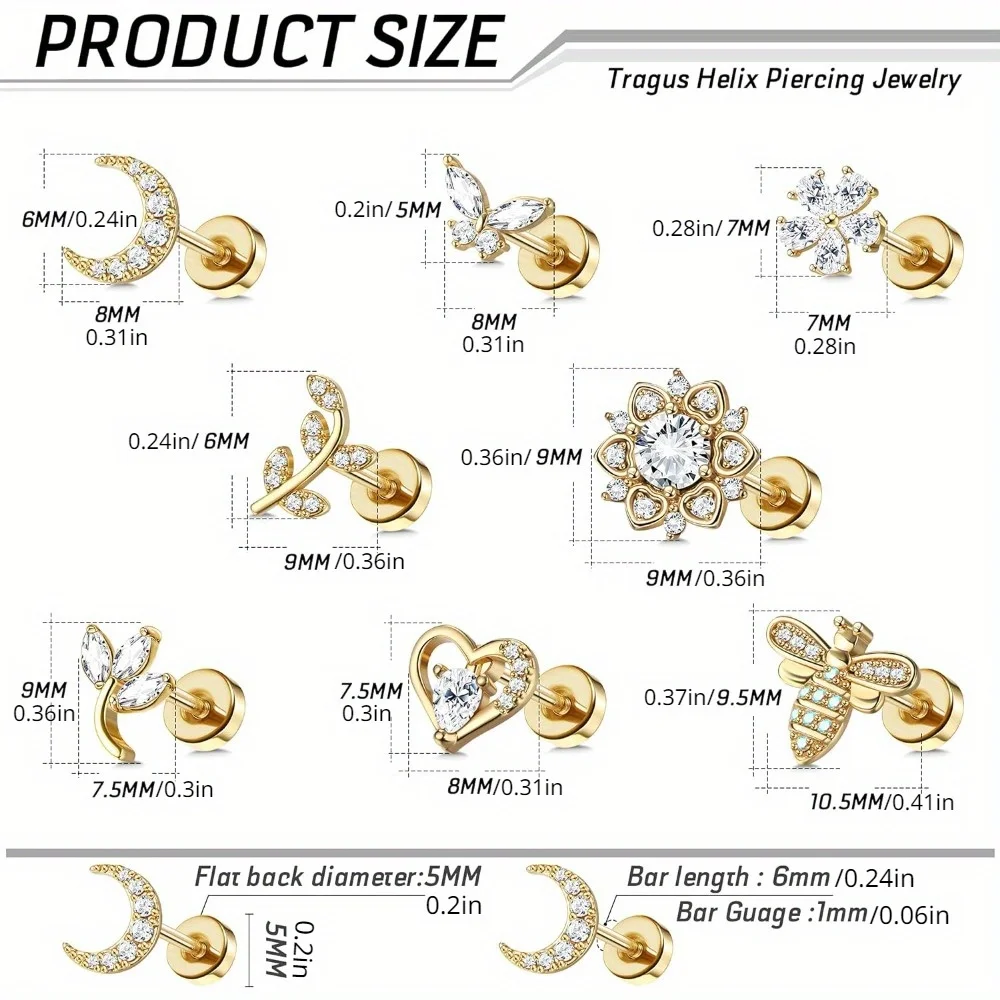 BESTEEL 1Pc 18G Stainless Steel Cartilage Earrings Flat Back Internally Threaded CZ Earrings Tragus Helix Piercing Jewelry