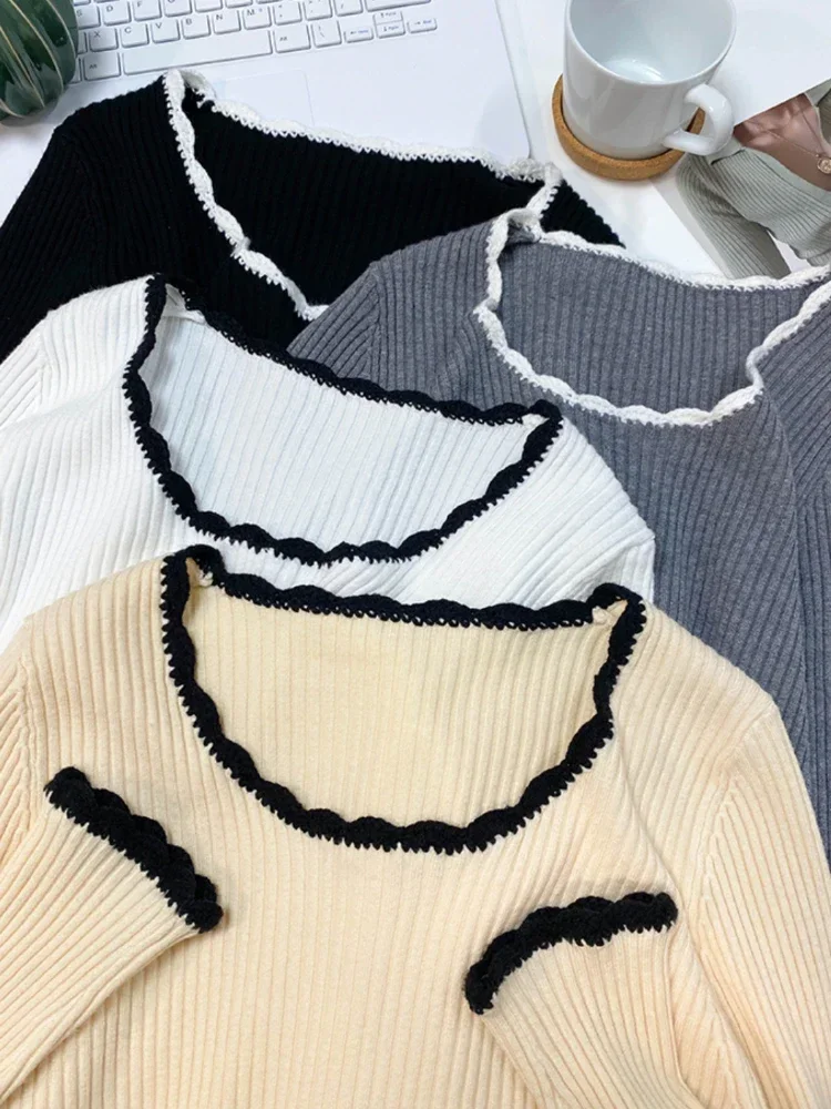 2026 Autumn Winter Sweater Contrast‑Trim O-Neck Women Knit Pullover Chic Long‑Sleeve Layering Base Sweater Slim Versatile Tops