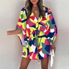 Women Casual Loose Dress Beach Boho Dress Fashion Vintage Print V Neck Drawstring Mini Dress Summer Dresses Robe Femme 2022