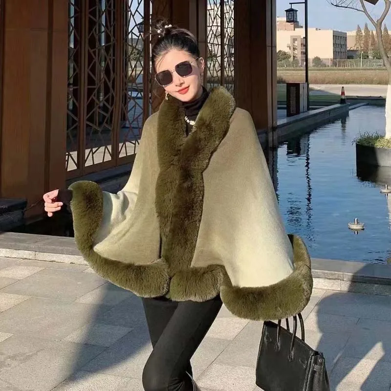 Novelty Gradient Dyeing Faux Rex Rabbit Fur Cape Shawl Big Knit Acrylic Cashmere Cardigan Poncho Women Winter Wraps Coat