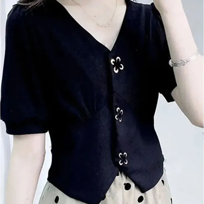 

Elegant V-Neck Slim Blouse Office Lady Single-breasted 2024 Summer Short Sleeve Women's Clothing Casual Waist Solid Color Shirt