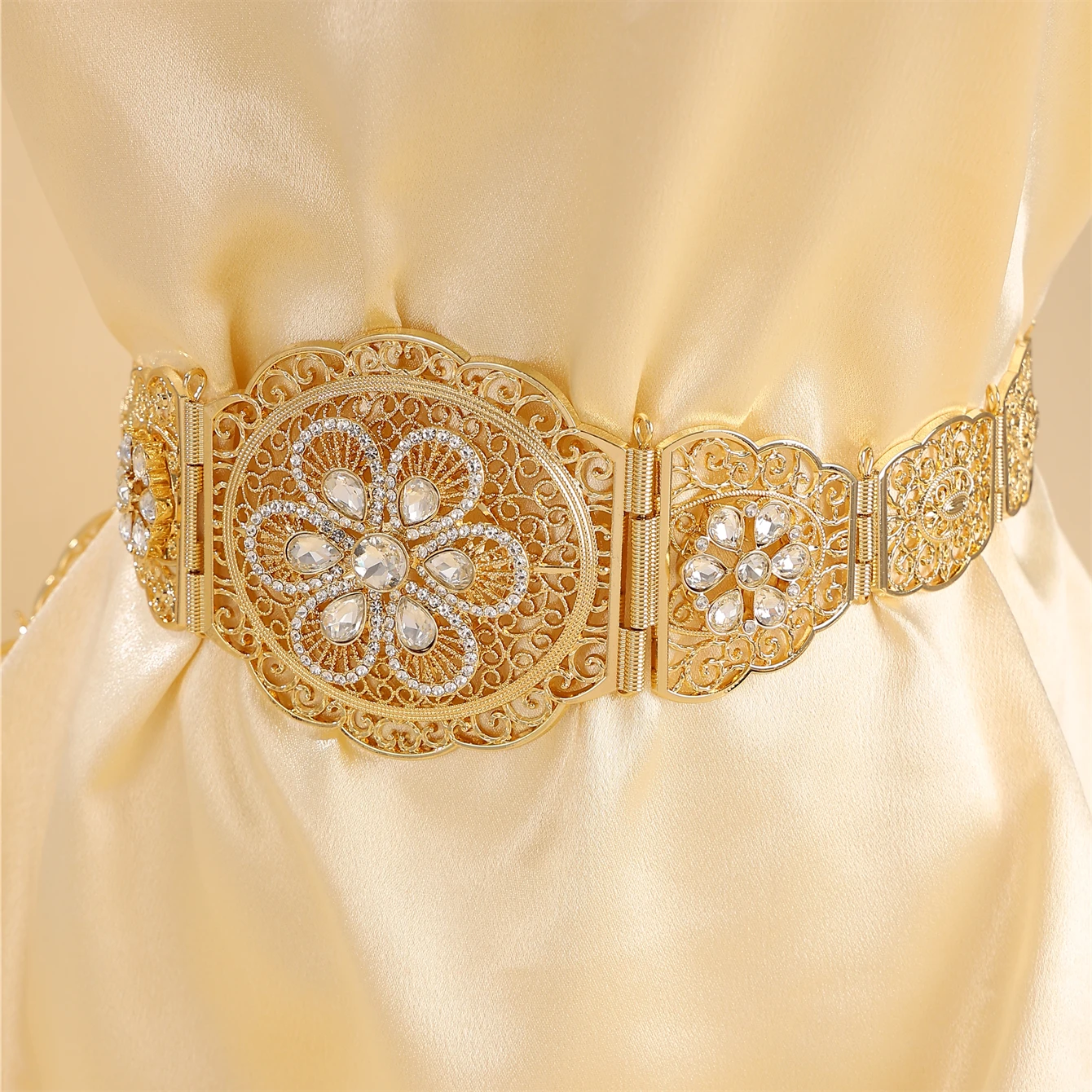 Moroccan Delicate Kaftan Belt Drops Floral Design Rhinestone Embellishments Arabian Luxury Bridal Waist Chain