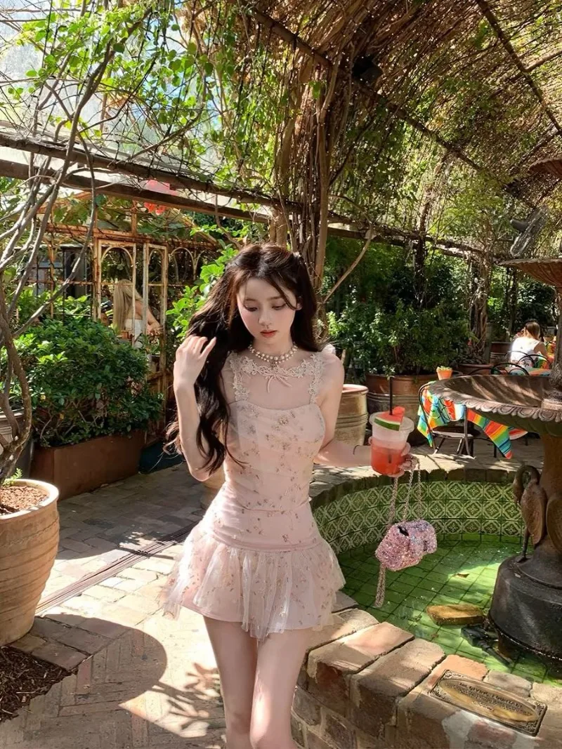 Korean Spicy Girl Lace Patchwork Mesh Hanging Neck Top Skirt Two-piece Set Women Print Bow Patchwork Sleeveless Slim Sweet Wear