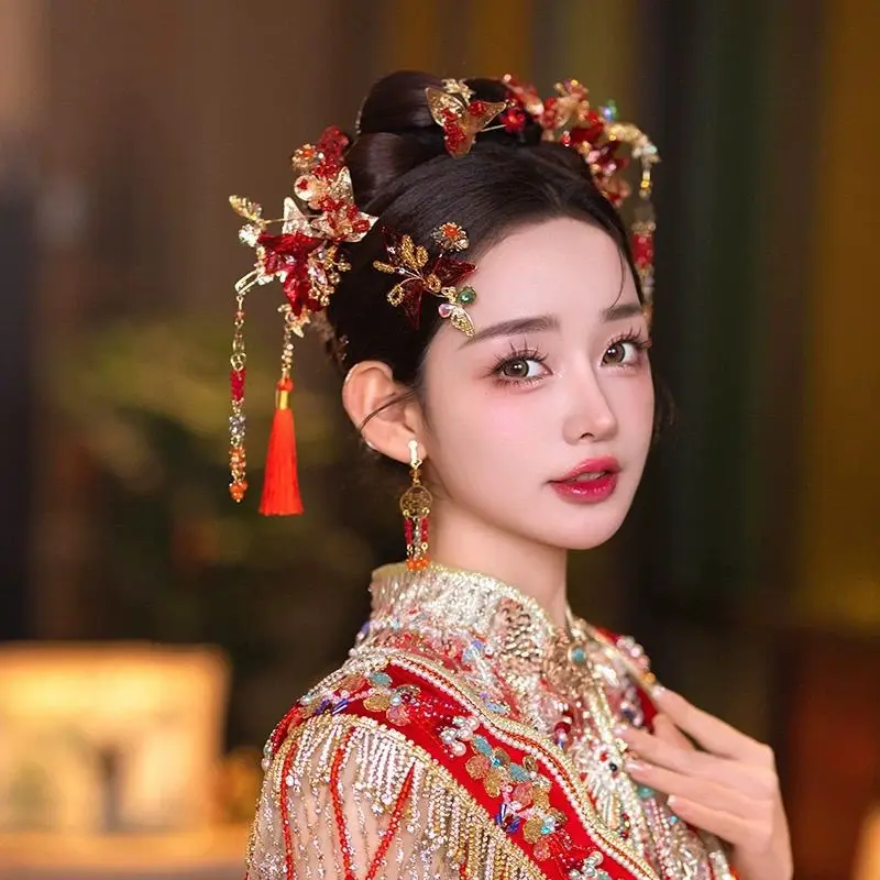 New Chinese Xiuhe Headdress Red New Style Cheongsam Simple Tassel Hairpin Xiuhe Clothing Wedding Dress Accessories