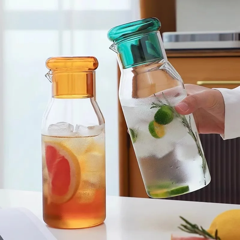 One Person Drinks Large Capacity Fruit Juice Cup  High Borosilicate Glass Cold Water Pot with Colorful Cup Lid Glass Teapot