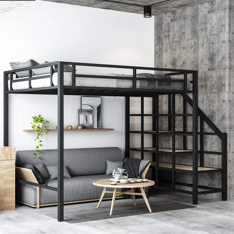Modern simple bedroom elevated bed, household bedroom space-saving iron bed, homestay with ladder creative iron frame bed