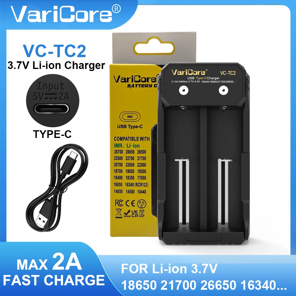 VariCore VC-TC2 2-Slot Fast Smart Charger for 18650 21700 26650 16340 Li-ion 3.7V Batteries - Overcharge/Short Circuit Protectio