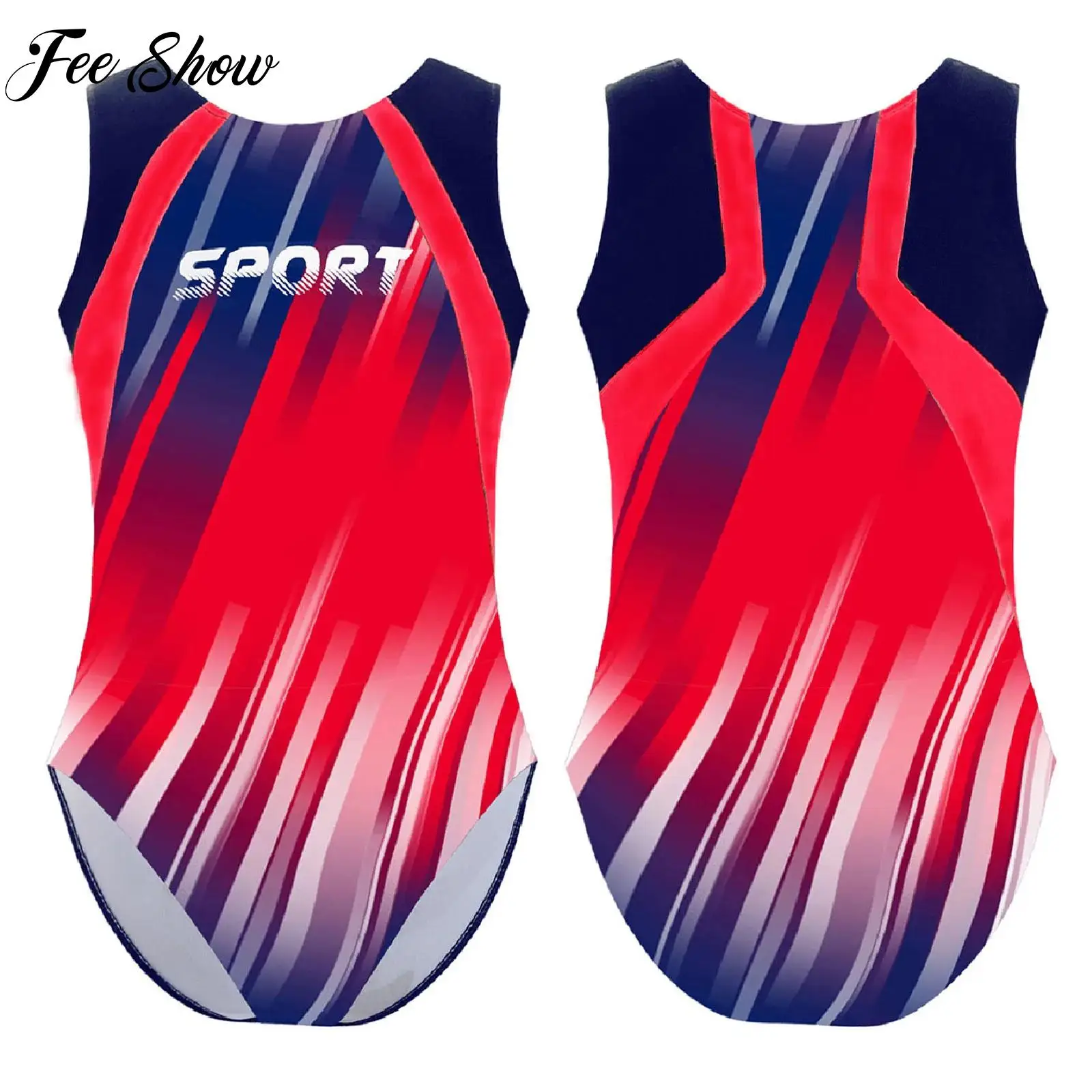 

Children Gymnastics Training Costume Kids Skating Ballet Dance Clothes Boys Sleeveless Striped Print Leotard Swimsuit Sportswear
