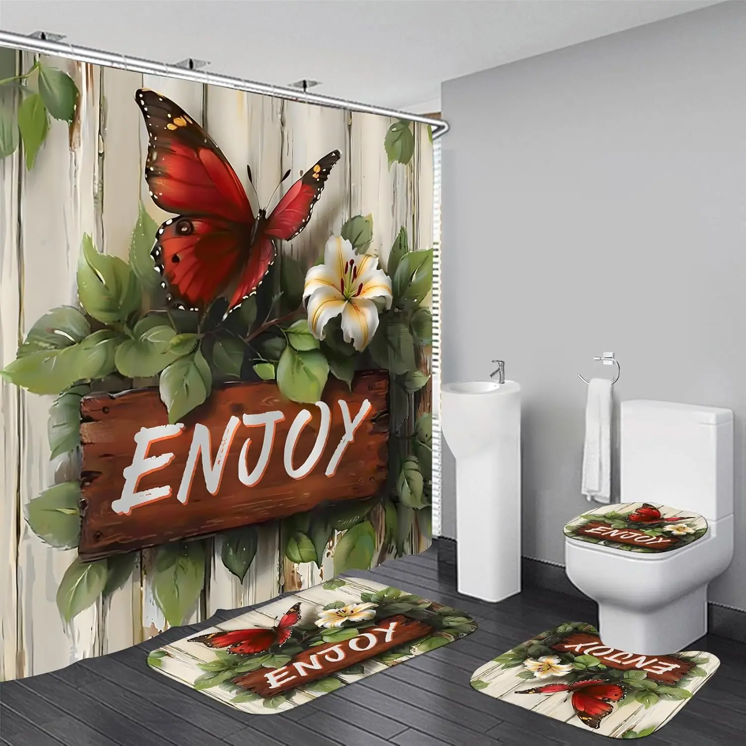 

4 шт. наборы занавесок для душа, деревянная табличка с бабочкой, занавески для ванной комнаты, набор для душа, наборы для декора ванной комнаты, занавеска для душа для ванной комнаты