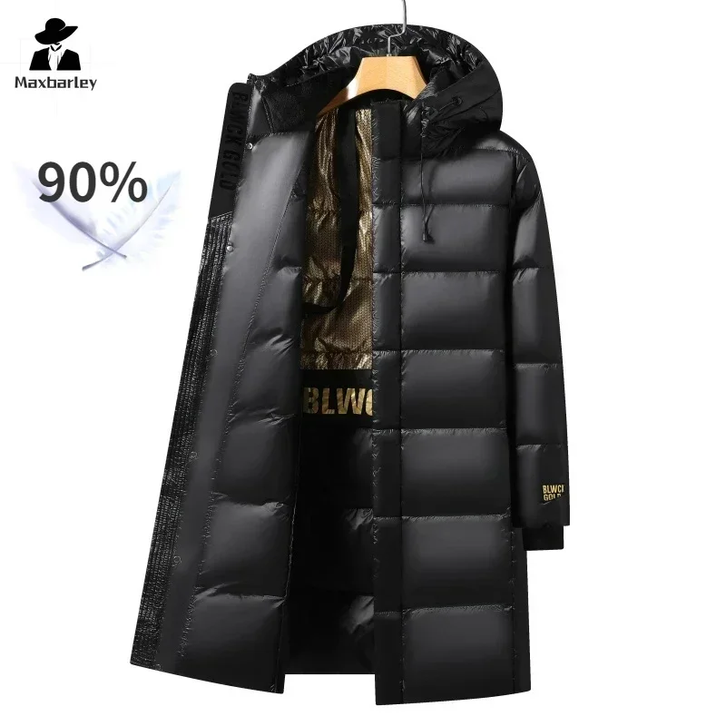 Casaco comprido de ganso com capuz masculino, jaqueta puffer impermeável, moda feminina, preto, dourado, brilhante, quente, inverno, 2022