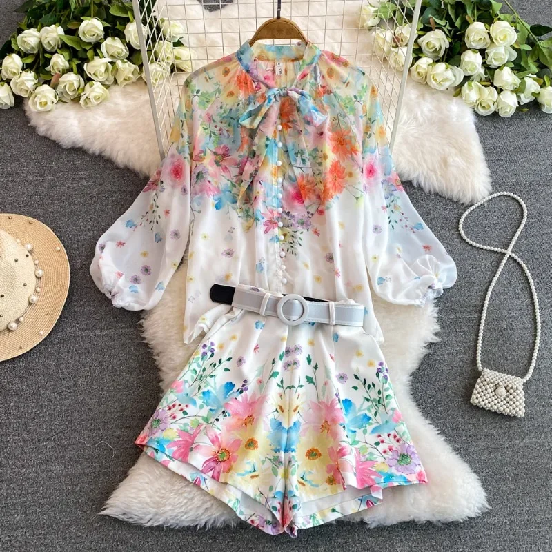 Retro Court Style Women's Shorts Two Piece Set Boho Seaside Floral Chiffon Shirt and High Waist Shorts Set Summer Beach Outfits