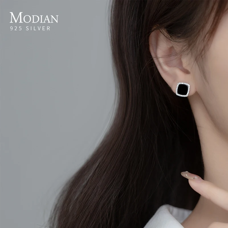 

Modian New Arrival 925 Sterling Silver Black Crystal Square Stud Earrings for Women Clear CZ Fashion Earrings Fine Jewelry 2022