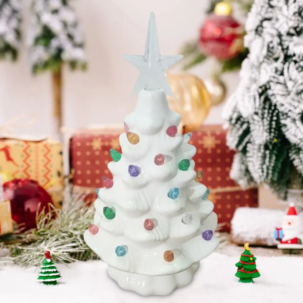 Mini Ceramic Christmas Tree Figurine Colorful LED Light-up Xmas Tree Statue Sculpture Home Office Desktop Ornament Decoration