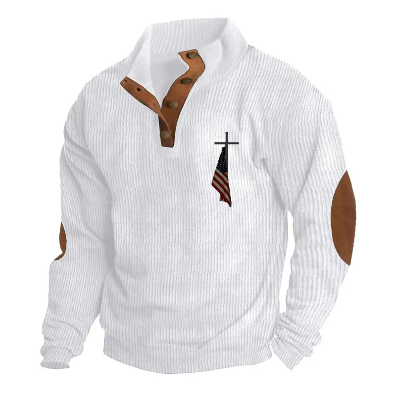 New long-sleeved stand-up neck sweater retro printing men's loose casual corduroy four buttons