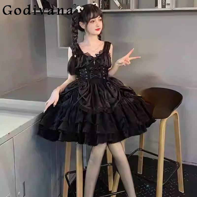 

Spring Autumn Elegant Lolita Dark Princess Cake JSK Suspender Dress Fashion Versatile High Waist A-line Bow Lace-Up Dresses