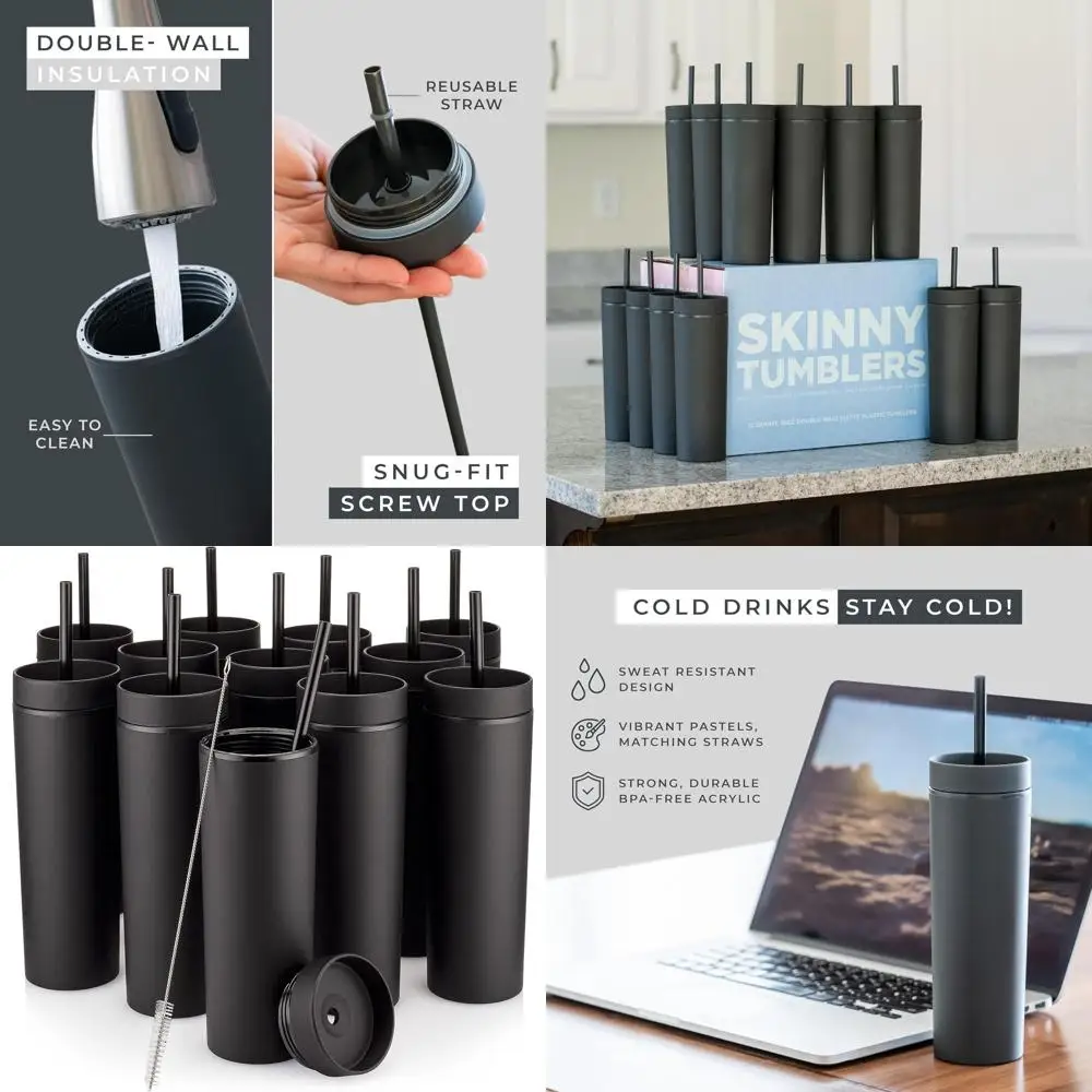 

12 Pack 16oz Matte Double Wall Acrylic Tumblers with Lids and Straws, Reusable Skinny Cups with Cleaning Brush