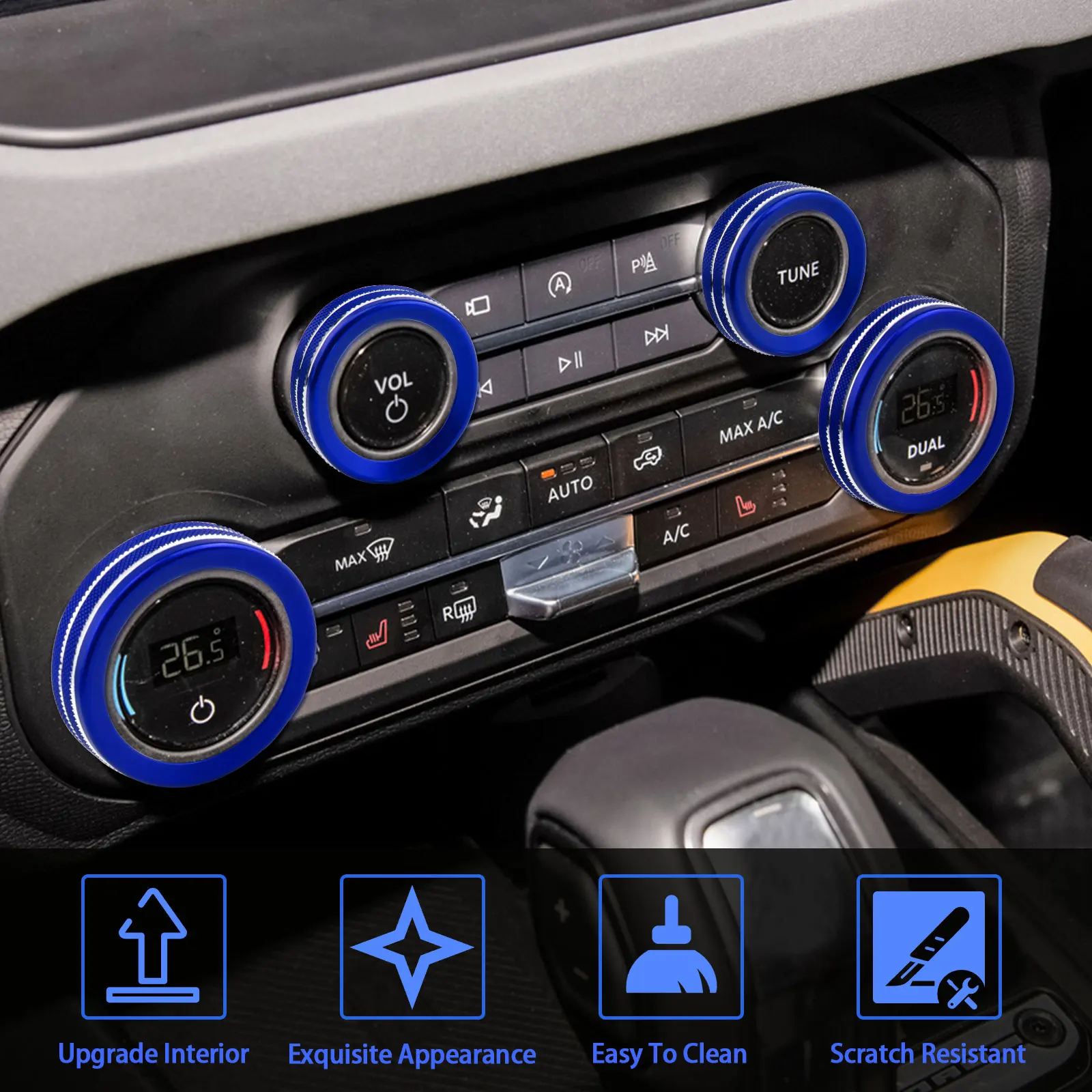 Car Air conditioning Audio 4WD Headlight Switch Knob Decoration Ring for Ford Bronco 2021 2022 2023 2024 Accessories(6PCS Blue)