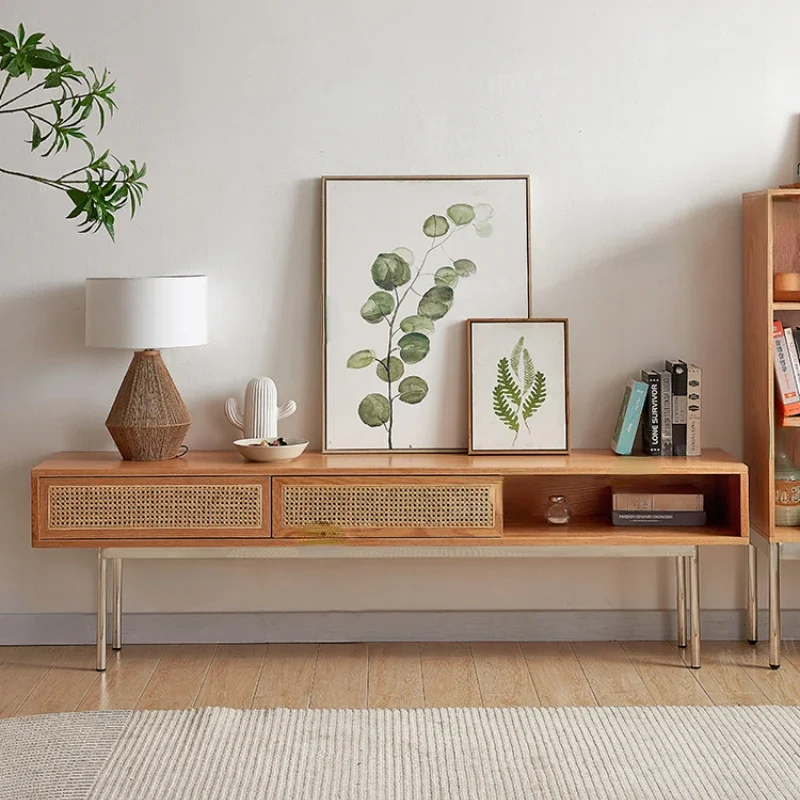 

Solid Wood Rattan TV Cabinet Oak Floor Cabinet Living Room Multi-Functional Rattan Cabinet