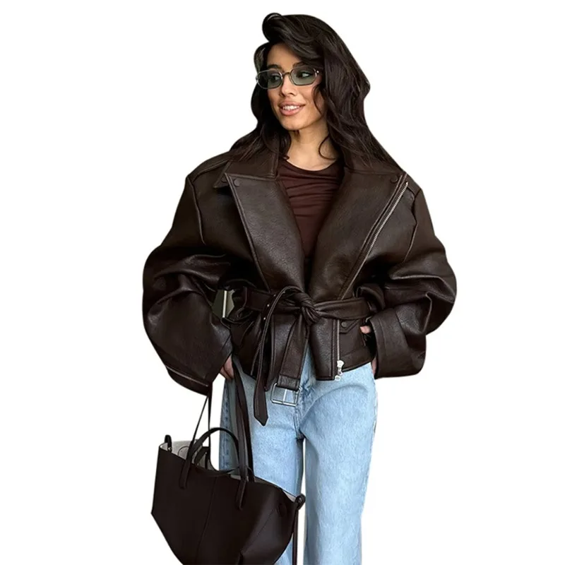 مع سترة جلدية بحزام، سترة نسائية ربيعية أوروبية وأمريكية، سترة جلدية أنيقة بحزام ريترو أمريكي للدراجات النارية #1