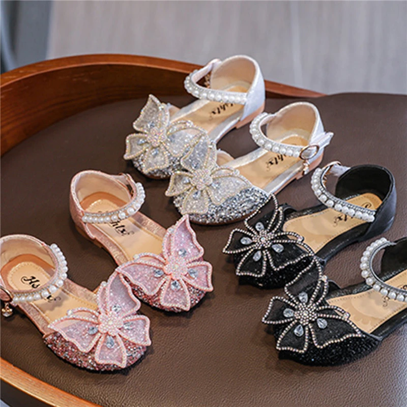 Kid Girl Sandals Rhinestone Butterfly Pearls Summer Casual Street Dancing Children Shoes