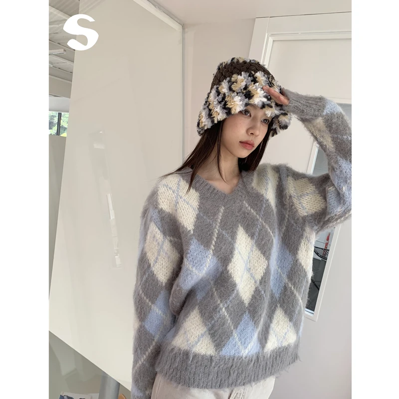 

Girls Soft Cozy round Ne Knitted Sweater Loose Diamond Pattern Autumn Winter Faion Commute Sle Zipper Closure Long Sve