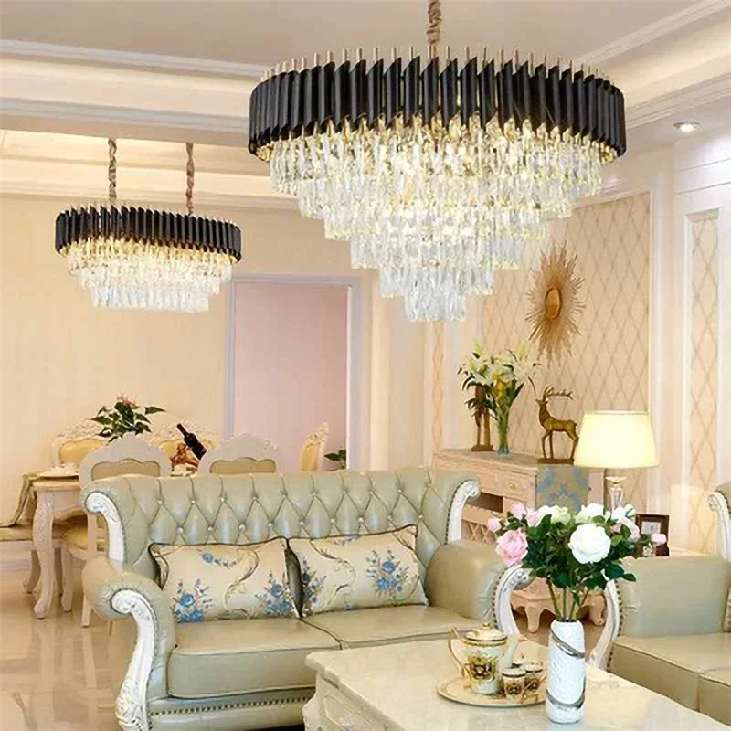 

K9 Crystal Chandelier Modern Luxury Ring Pendant Light for Living Room Round Black Suspension Restaurant Decor Led Ceiling Lamp