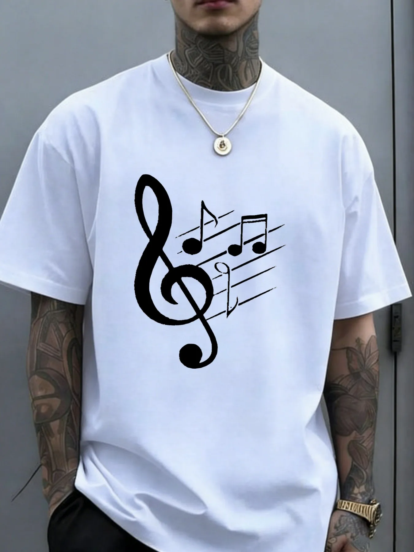 Father and son Teen Music Note T-Shirt - Music-Themed Crew Neck Short Sleeve Tee with Random Musical Note Print, Casual Round Neck Top Suitable for, Concerts & Daily Wear, Machine Washable Apparel for Musicians,  For Teenager and men