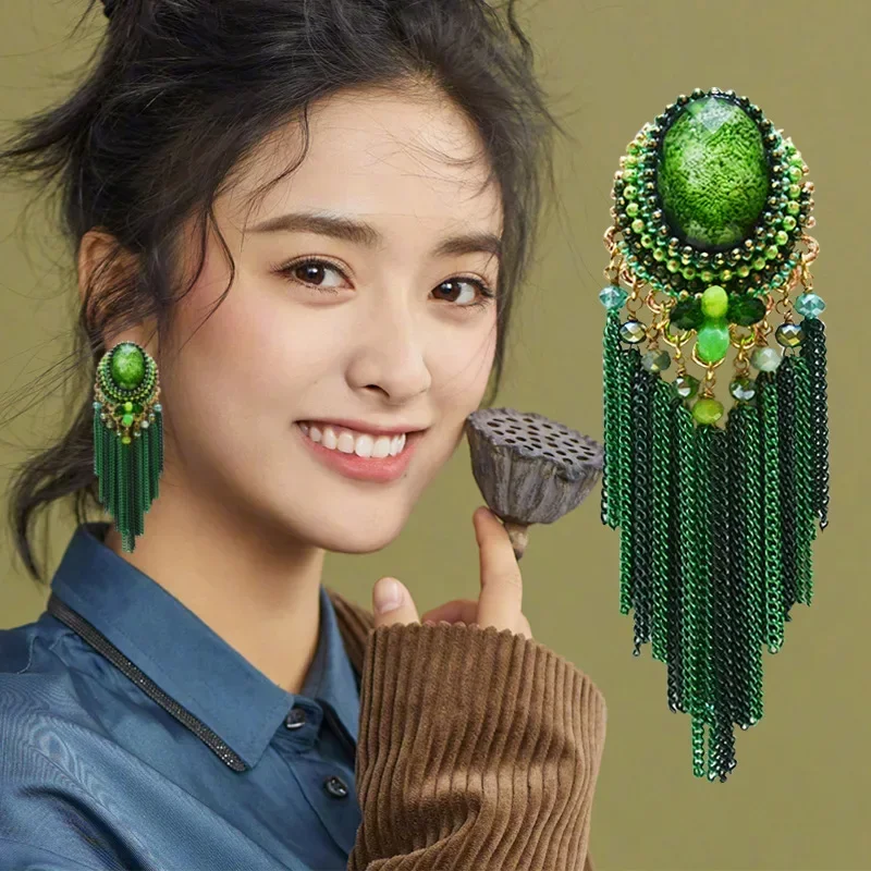 S925 الأقراط الطويلة العرقية المنسوجة يدويا البوهيمي الشرابة القرط للنساء