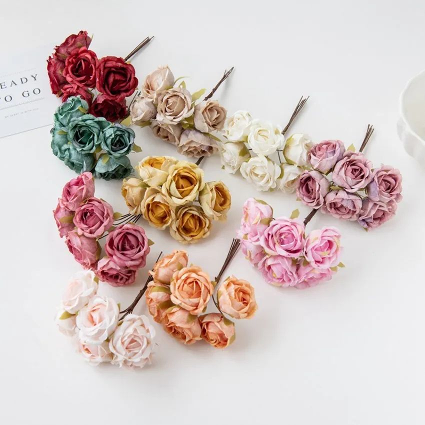 

12Pcs Artificial Flowers Silk Tea Rose Wedding Wreath Scrapbooking for Home Christmas Decoration Diy Bride Accessories Clearance