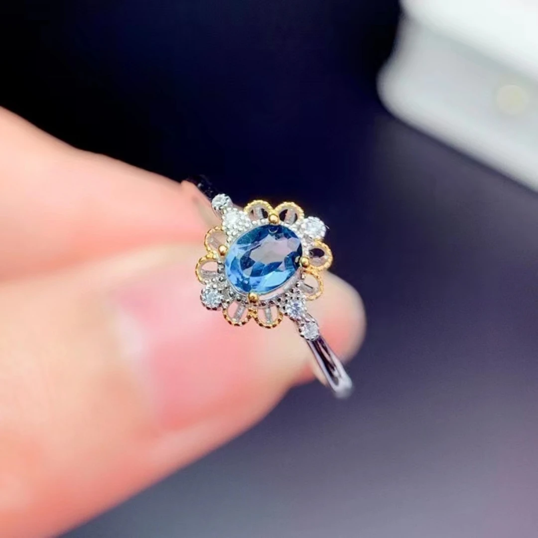 

925 Pure Silver Chinese Style Natural London Blue Topaz Women's Luxury Noble Flower Adjustable Gem Ring Fine Jewelry Support