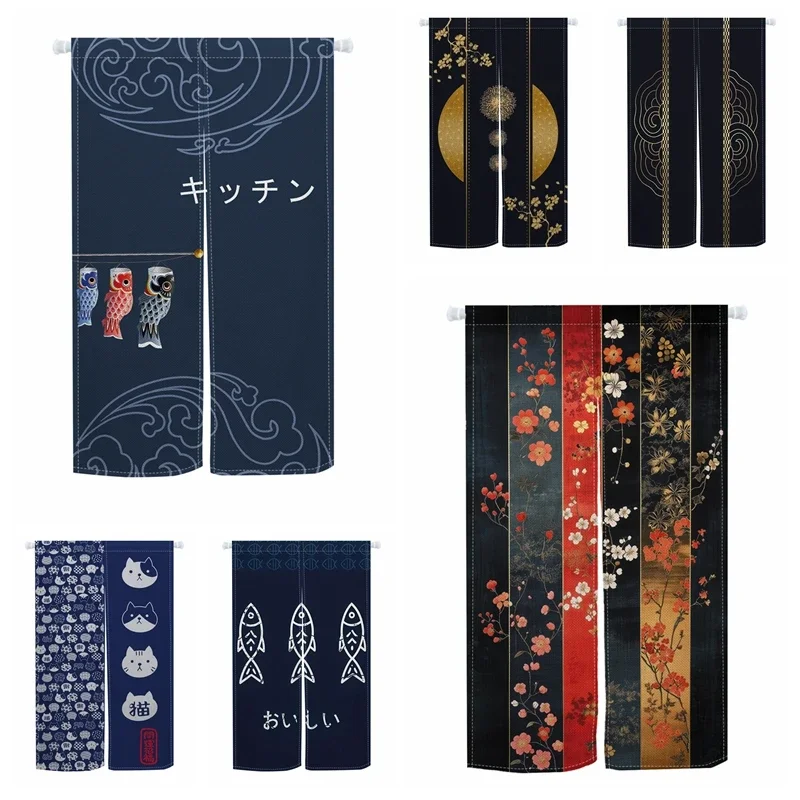 VIKAMA Japanese Lucky Cat Door Curtain, Blue & White Pet Print Japanese Style Partition Curtain for Entryway & Dining Room