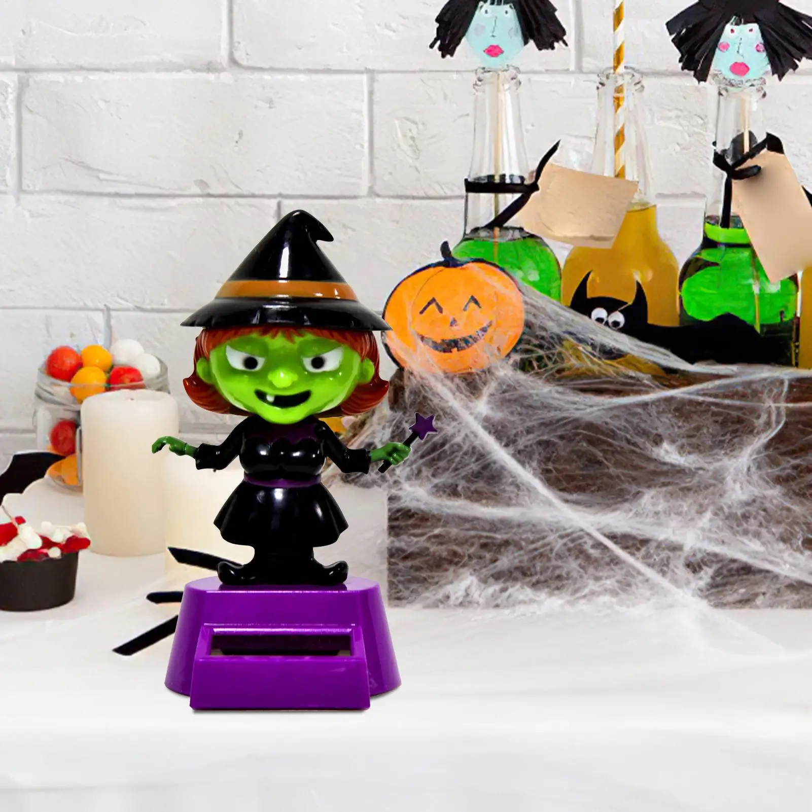 

Gothic Solar Powered Halloween Skull Witch Ghost Car Automatic Shaking Head Car Interior Decoration For Home Desktop Women Men