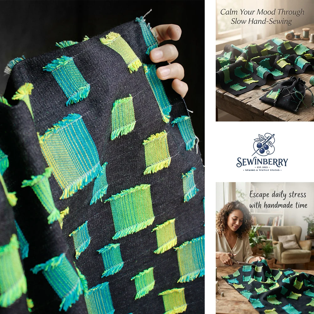 Black Green Contrast Raw Denim Fabric For Fat Quarter Patchwork 3D Textured Designer Refashion Sewing Cloth Handmade Craft