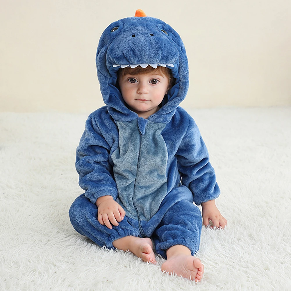 Kids Unisex Blue Dinosaur Warm Hooded Nightgown Soft Comfortable Night Clothes For Sleep Wear