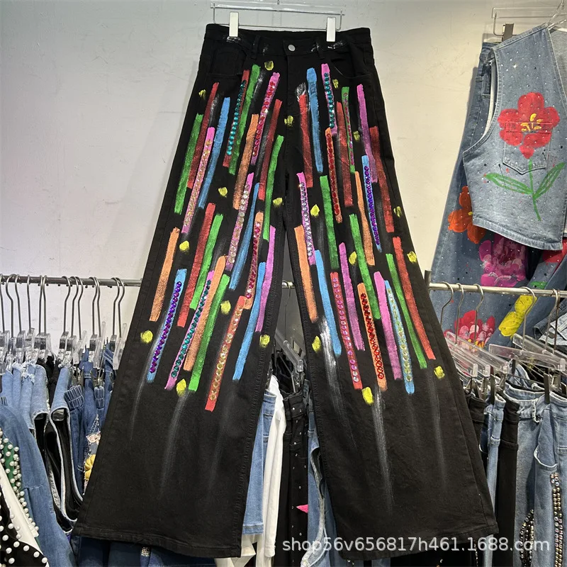 

New Spring Autumn All-match High Waist Straight Pants Color Painting Sequins Wide Leg Jeans Streetwear Casual Denim Trousers