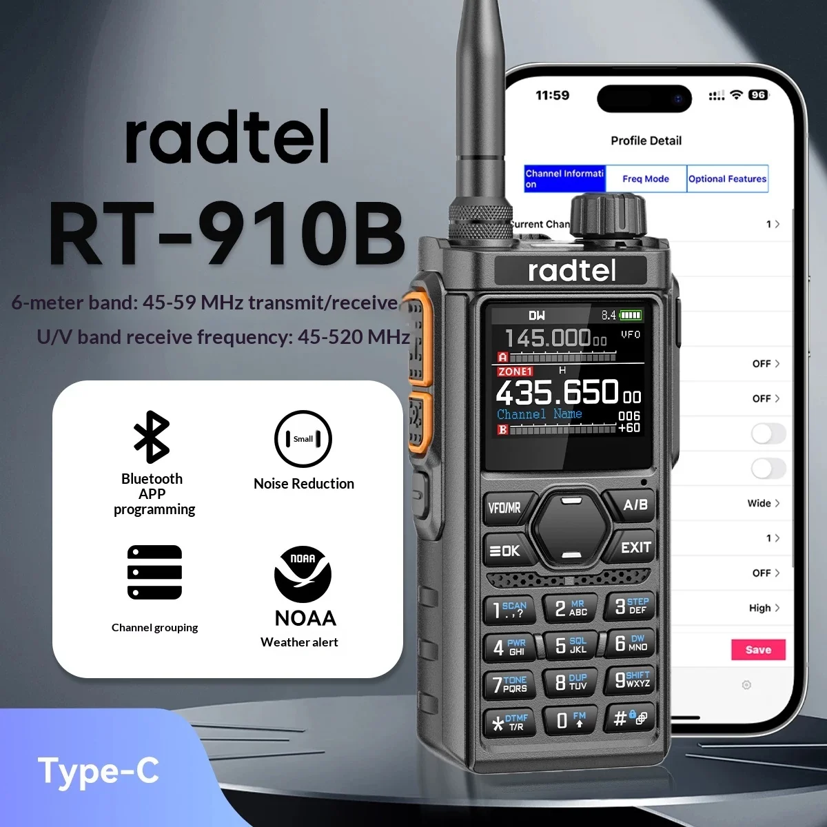 Radtel RT-910B Ham Radio Bluetooth App Programmable Multi Band 6 Meter 45-59MHz Handheld Two Way Walkie Talkie