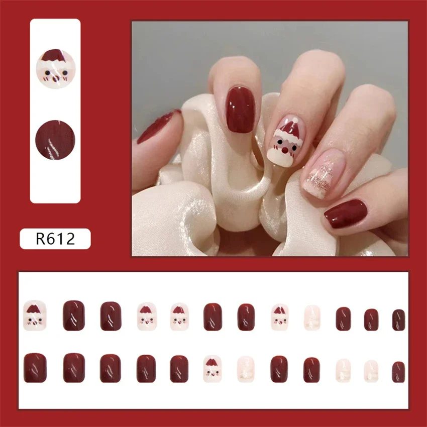 24Pcs/Set Show White Red Colour Christmas Atmosphere Wearing False Nails Short Fake Nails Tips French Removable Press-on Nails