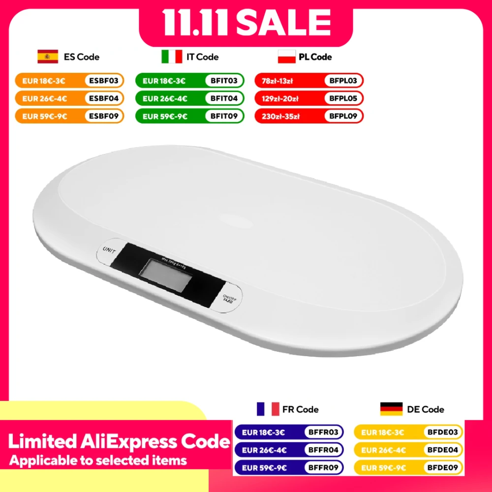 Cyfrowa waga dla niemowląt – pojemność 44 funty, precyzyjny tensometr, automatyczne wyłączanie, wskaźnik przeciążenia, wyświetlacz wielu jednostek (kg/lb/st)