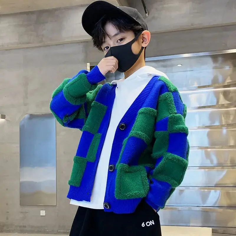 

Children's Sweater Cardigan Spring and Autumn New Fashion Boys Baby Checkered Knitwear Coat Teenage Boys' Jacket