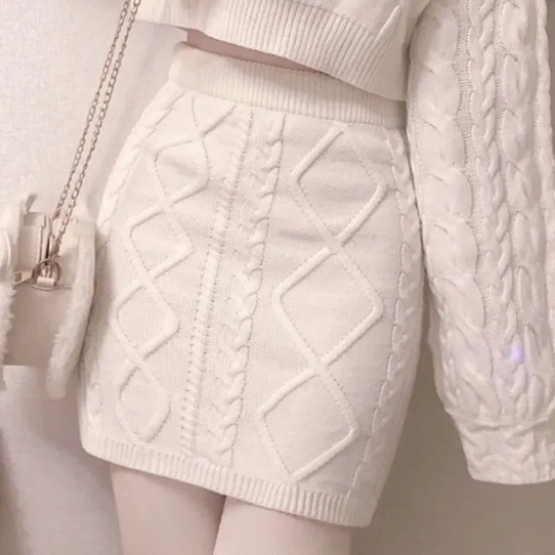 Kawaii Japanese Style Beige Knitted Set Women Threaded Long Sleeve Sweater Short Tops and High Waist Mini Package Hip Skirt Suit