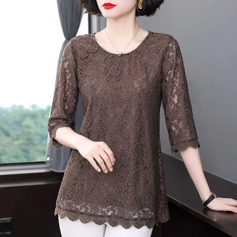 Mother lace t shirt seven-point sleeve jacket 2023 new long big size cover belly  small shirts in summer o neck t shirt tops