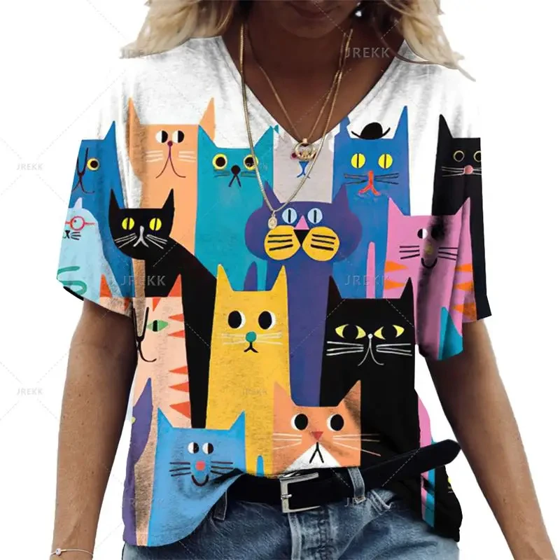 2024 New Women\'s Short-Sleeved T-Shirt V-Neck Printed Kitten Pattern Oversized Women\'s Blouse Y2K Style Summer Casual Breathable