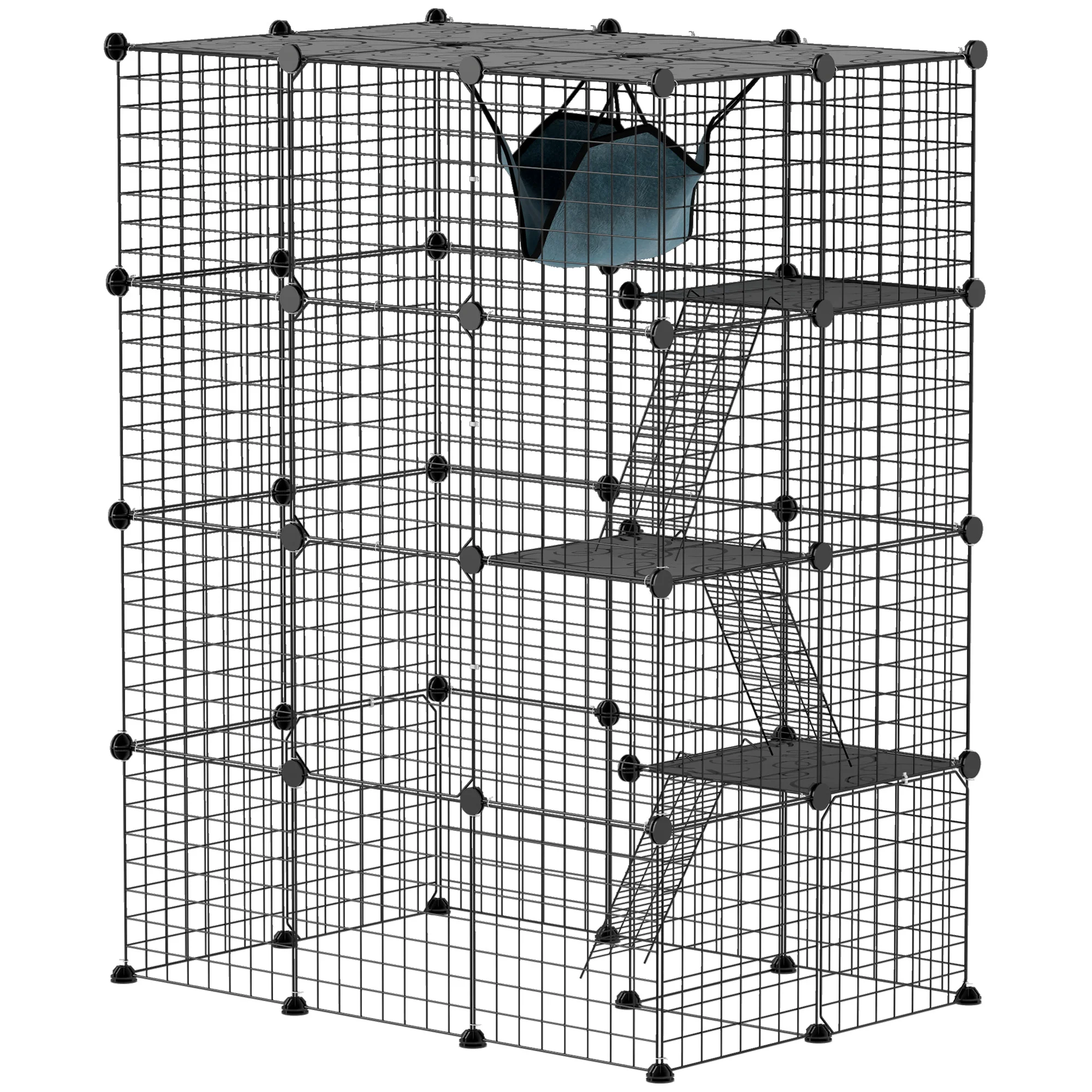PawHut Clôture pour animaux domestiques, enclos lapin intérieur, 4 niveaux, enclos modulable pour petits animaux, lapins, panneaux grillagés, 105 x 70 x 140 cm, noir