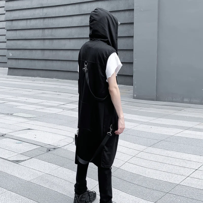 Dark Mid-Length Solid Color Loose Ribbon Hooded Vest Man Waistcoat Cape Trendy Pu Handsome Cloak