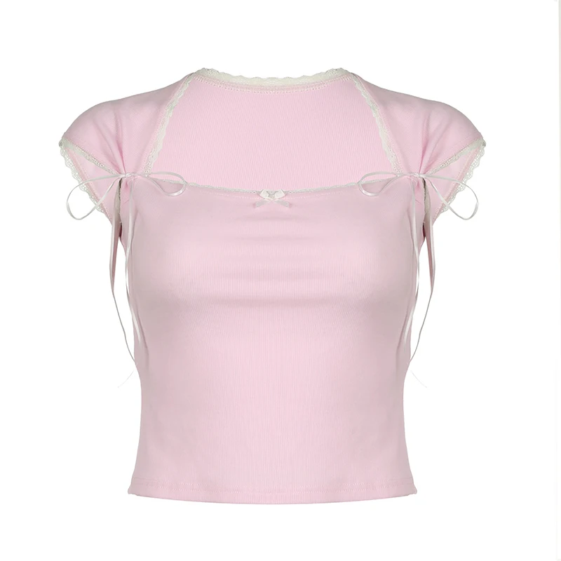 CIBBAR Cute Coquette Pink Knit Cropped Top Chic Bandage manica corta colletto quadrato Tee Shirt donna Summer T Shirt y2k Ladies Top